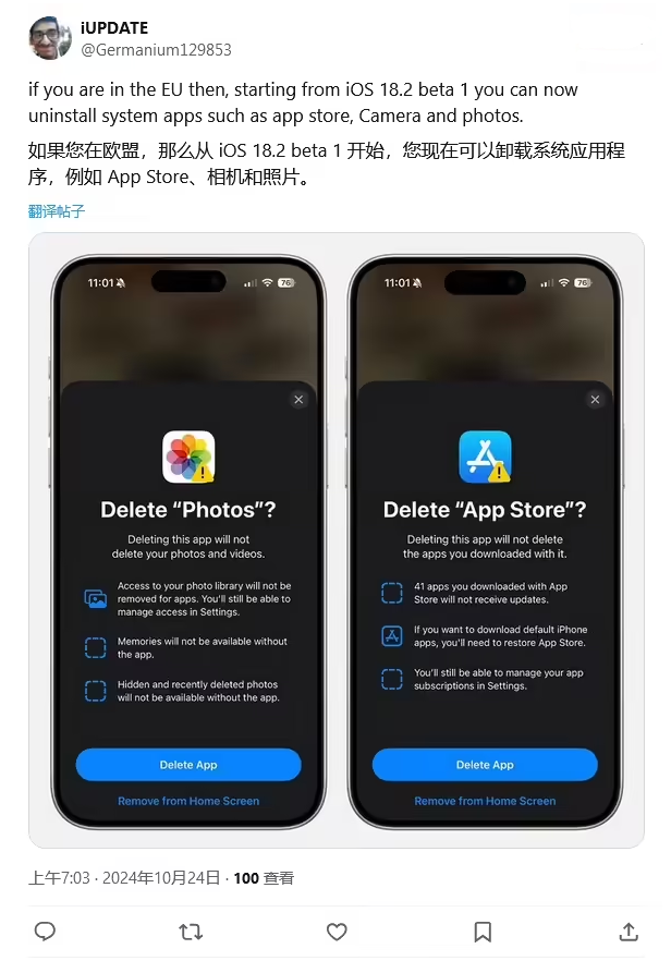 前进苹果手机维修分享iOS 18.2 支持删除 App Store 应用商店 