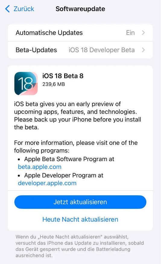 前进苹果手机维修分享苹果 iOS / iPadOS 18 开发者预览版 Beta 8 发布 